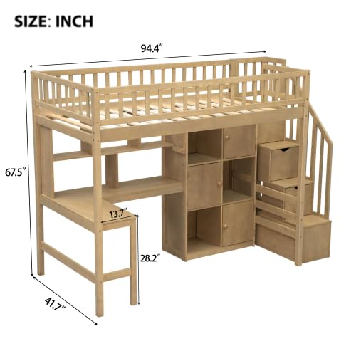 Twin Size Wooden Loft Bed with Desk, LED Lights, Staircase and Storage