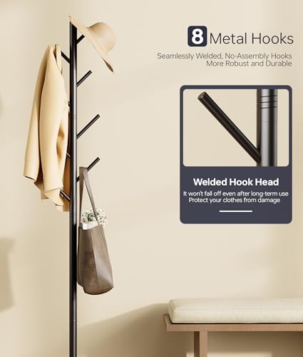 Freestanding Metal Coat Rack with Sintered Stone Base and 8 Hooks