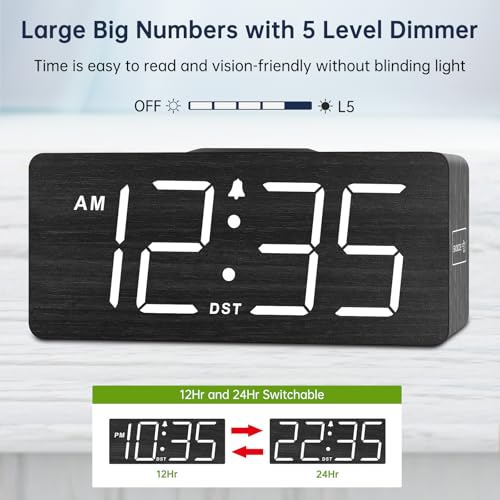 Wooden Digital Alarm Clock with Wireless Charging Station & USB Port