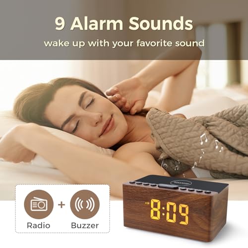 Wooden LED Digital Alarm Clock with Wireless Charger and FM Radio