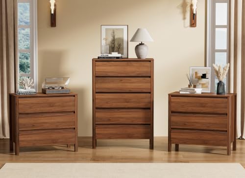 3-Piece Walnut Bedroom Set: 5-Drawer Dresser and Two 3-Drawer Nightstands