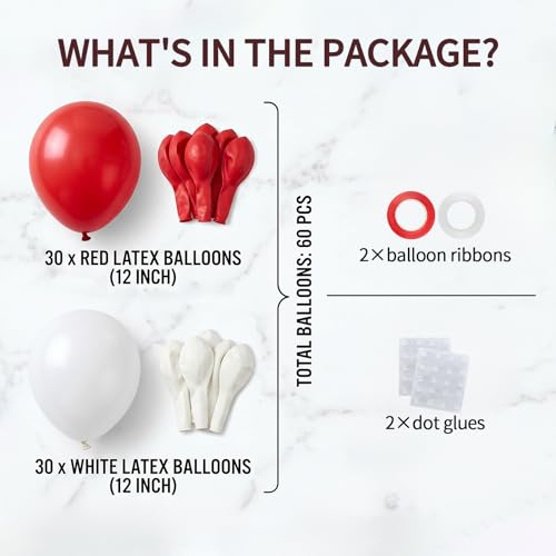 Q&High Life Red White Balloon Kit - 60pcs 12 Inch Latex Balloons for Christmas Graduation Wedding Valentine’s Day