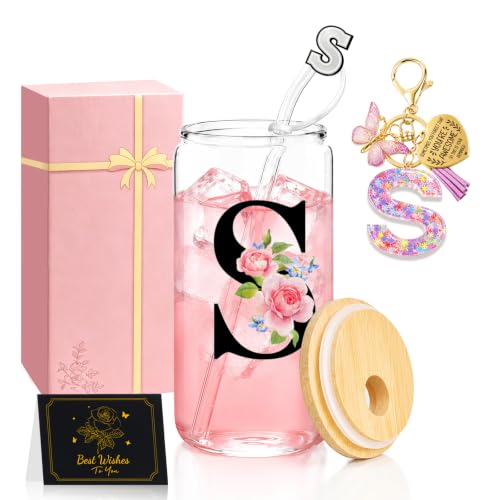 SHXWELL S Monogrammed 16oz Glass Coffee Tumbler with Lid & Straw - Personalized Gift for Women S
