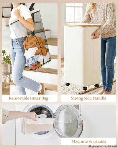 75L Rolling Laundry Hamper with Wheels, Collapsible Bamboo Laundry Basket