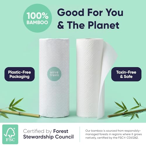 Bamboo Paper Towels 12 Pack - 1800 Sheets Ultra Absorbent Kitchen Rolls