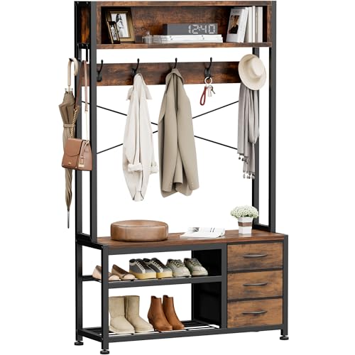 6-in-1 Entryway Hall Tree with Bench, 3 Drawers, and 12 Coat Hooks