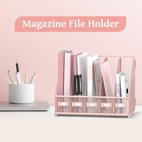 5-Compartment Metal Mesh Desk File Organizer for Magazines and Documents, Pink