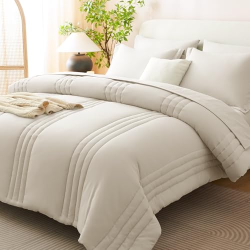7-Piece Queen Comforter Set - Vertical Quilted Bed in a Bag, Beige