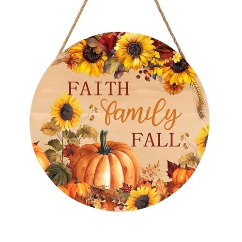 Faith Family Fall Wood Door Sign, 12-Inch Round Pumpkin Sunflower Wall Decor