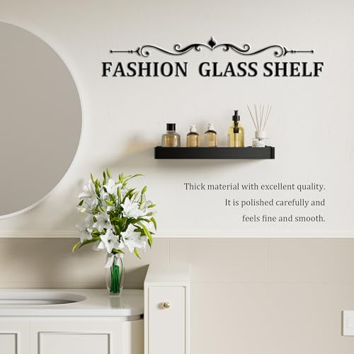 11.8-Inch Black Glass Floating Wall Shelf, Stainless Steel Bathroom Organizer