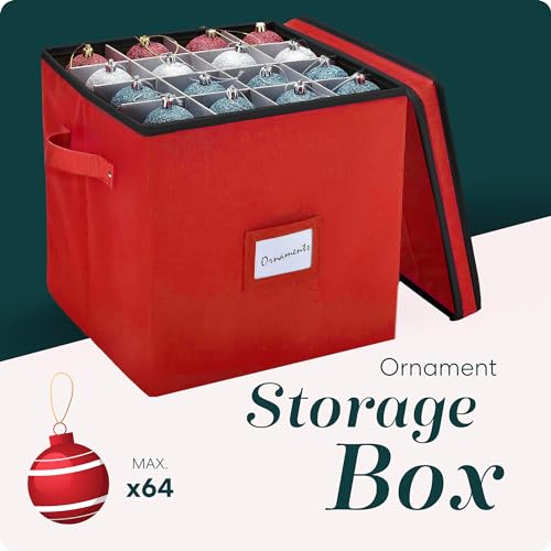 Christmas Ornament Storage Box with Adjustable Dividers and 64 Capacity
