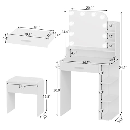 Small Makeup Vanity Desk with Mirror, Lights, Stool, and Charging Station