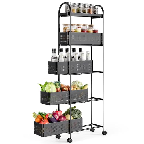 5-Tier Slim Rolling Storage Cart with Pull-Out Baskets and Lockable Wheels