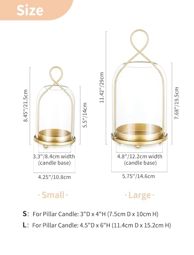 NUPTIO Glass Lanterns with Dome Shade - Gold Hurricane Candle Holders for Outdoor & Indoor Decor