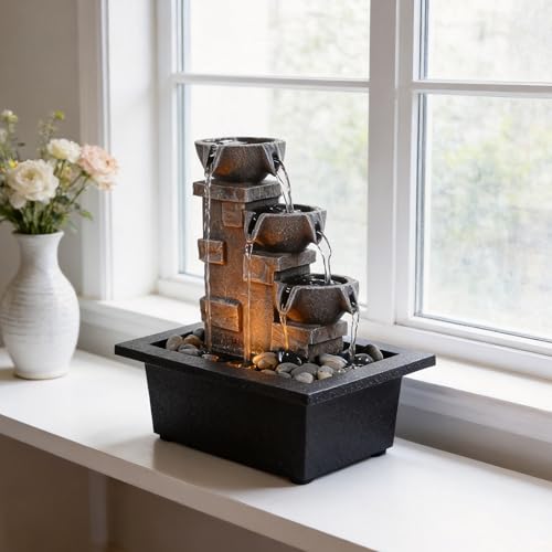 Tabletop Water Fountain with LED Lights & River Rocks - 3-Tier Zen Waterfall