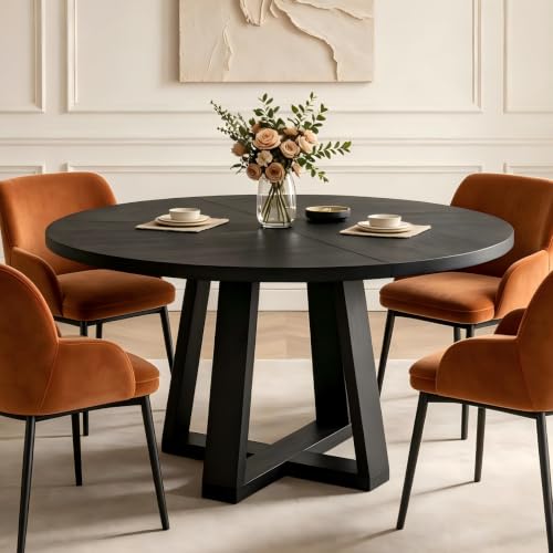 47-Inch Round Dining Table, Black Wooden Pedestal Kitchen Table for 4-6
