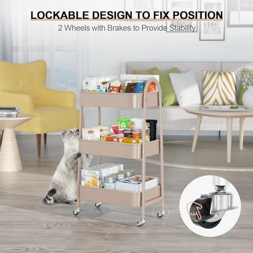 3-Tier Metal Utility Rolling Cart with Handle and Lockable Wheels