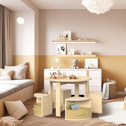 Round Kids Activity Table and 4 Storage Stool Set - Space-Saving Play Furniture