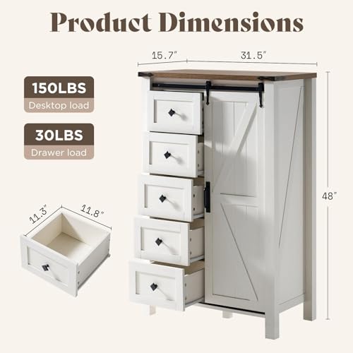 2-Piece Farmhouse Dresser Set with Sliding Barn Doors, Distressed White