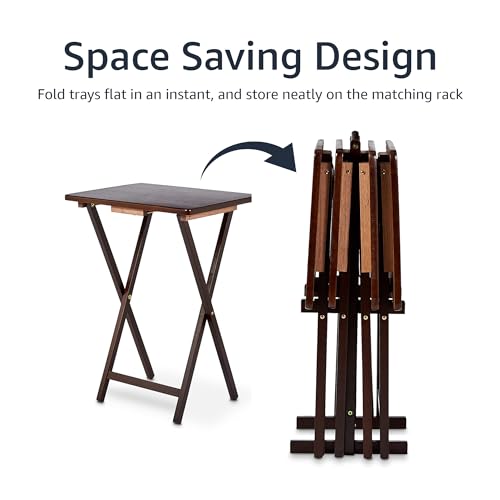 Foldable Wood TV Tray Table Set with Storage Stand, Espresso, 4-Pack