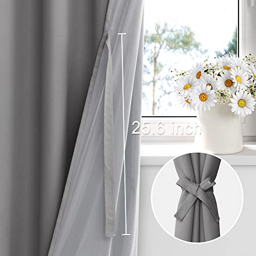 Blackout Curtain Panels with Tiebacks - Noise Reducing Grommet Curtains, Grey, 52" x 54", Set of 2