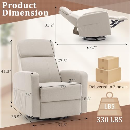 Power Swivel Rocker Recliner Chair with USB Ports and Side Pockets, Beige
