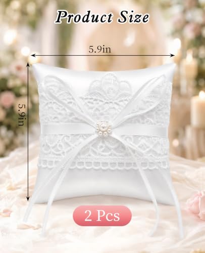 2 PCS Lace Pearl Ring Bearer Pillow Set with Bowknot for Wedding Ceremony