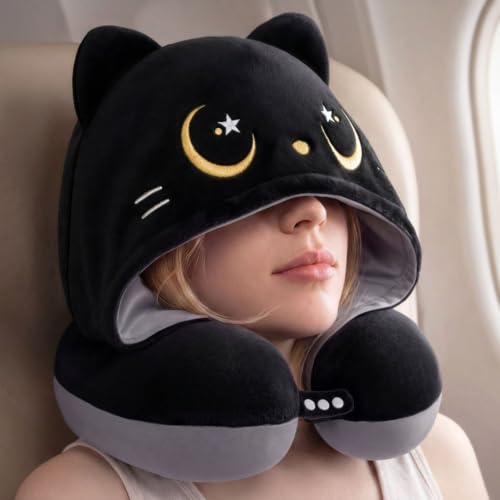 Travel Neck Pillow with Hood - Memory Foam, Adjustable, Washable, Gray