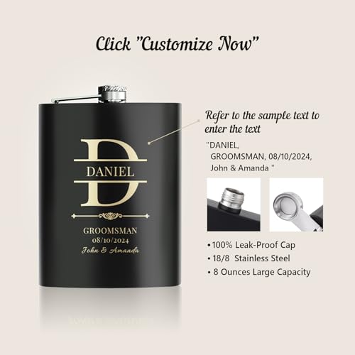 Stepdiy Black Personalized Groomsmen Flasks Set of 5 - Custom Engraved 8oz Stainless Steel Wedding Gifts