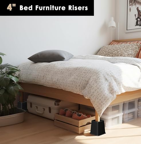 Heavy Duty Bed & Furniture Risers 4 Inch - Non-Slip Stackable Lifts (Set of 4)