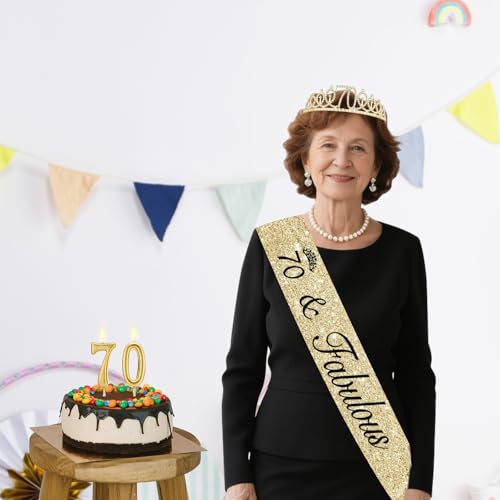 70th Birthday Decorations for Women Gold Tiara Sash and Number Candles