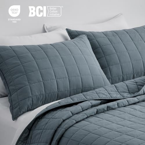100% Cotton Box Stitch Quilt Set, Queen, Midnight Blue - 3 Piece Bedding
