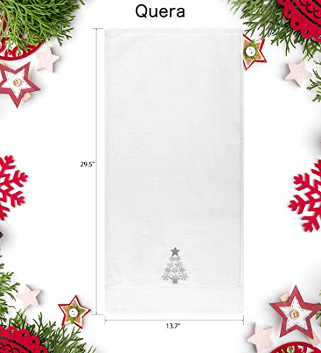 Quera 2 Pack White Christmas Tree Embroidered Hand Towels - Holiday Cotton Decor