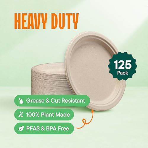 100% Compostable 9 Inch Paper Plates - Heavy Duty Sugarcane Plates (125 Pack)