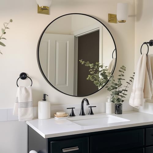24-Inch Round Wall Mirror with Matte Black Metal Frame for Bathroom