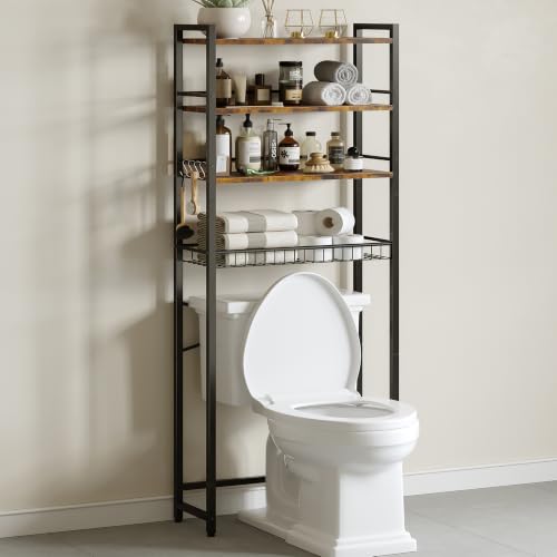 4-Tier Over-the-Toilet Storage Shelf with Basket and Hooks, Rustic Brown