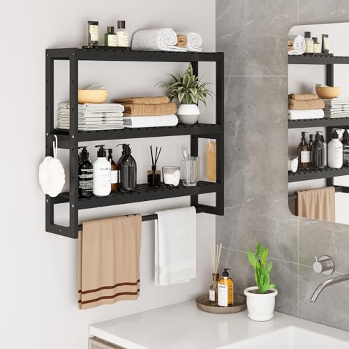 3-Tier Bamboo Bathroom Storage Shelf with Towel Bar and Hooks