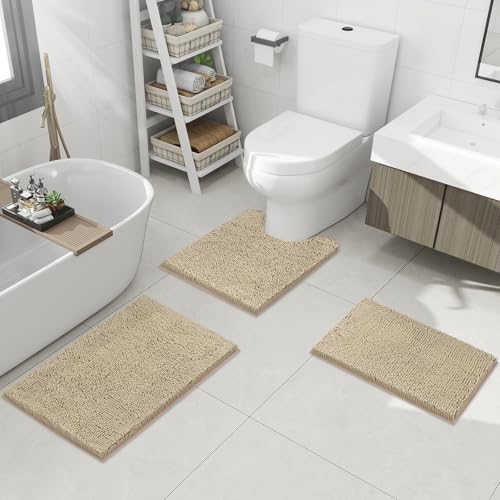 3-Piece Chenille Bath Rug Set, Soft Absorbent Non-Slip Bathroom Mat, Beige