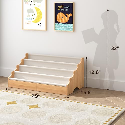 Bamboo Toddler Bookshelf - Montessori Style Kids Book Storage Rack