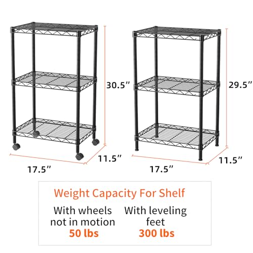 3-Tier Metal Wire Shelving Unit with Wheels and Adjustable Shelves Black