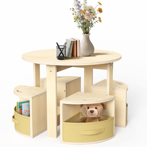 Round Kids Activity Table and 4 Storage Stool Set - Space-Saving Play Furniture