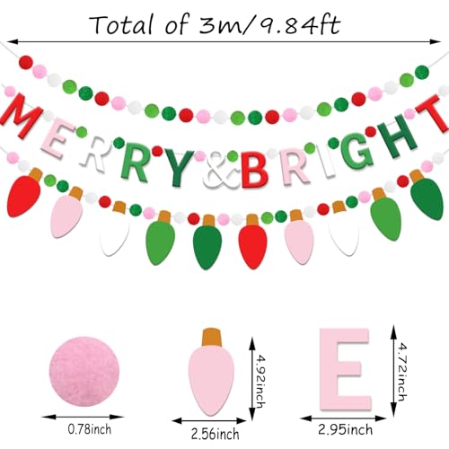 3-Piece Christmas Felt Garland Set with Pompoms, Lights & 'Merry & Bright' Banner