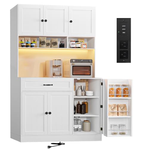 72" Tall Kitchen Pantry Cabinet with LED Lighting and Charging Station
