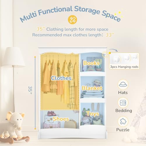 Kids Dress Up Storage Wardrobe with Flower Mirror and Hanging Rail