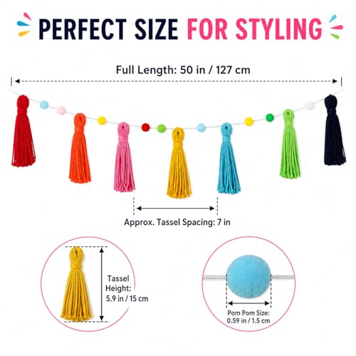3-Piece Pastel Rainbow Tassel Garland, Boho Pom Pom Wall Hanging Decor