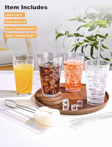 Hammered Highball Drinking Glasses Set of 8, 16oz Clear Glass Cups