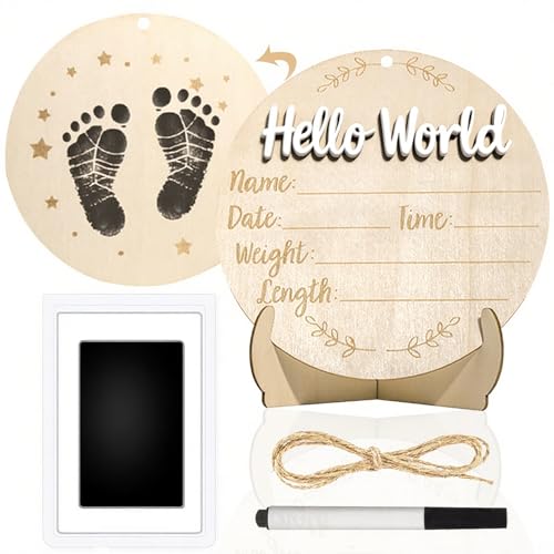 Wooden Baby Birth Announcement Sign with Footprint Ink Pad Set