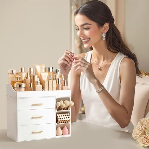 HBlife All White Makeup Organizer with Drawers & Brush Slots – Large Vanity Storage