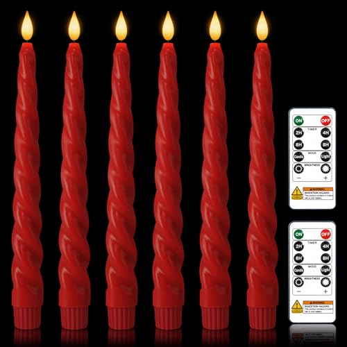 Meigic Red Spiral Flameless Taper Candles 9.6 Inch with Remote & Timer, Child & Pet Safe, 6 Pcs - Tapered Red Variant