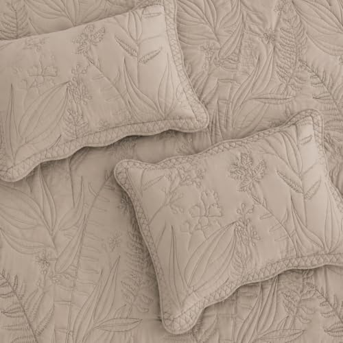 DaisyHuang Oversized King Quilt Bedspread Set - Taupe Leaf Stitching